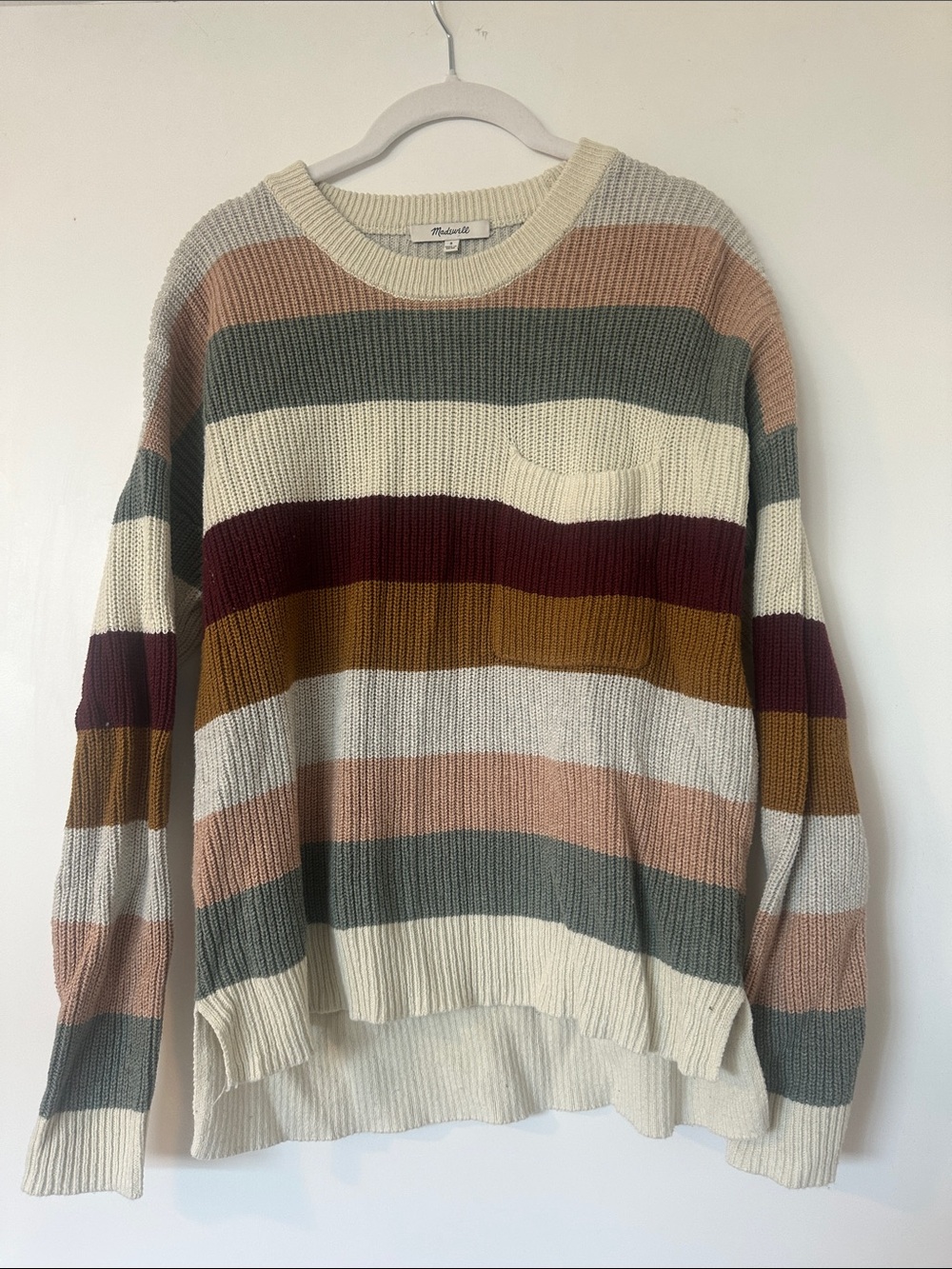 Madewell Cream Striped Pocket Crewneck Sweater with Multicolor Bands